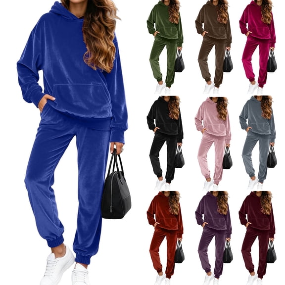 felwors Plus Size Sweatsuits Set for Women 2 Piece Velour Tracksuit Outfit Pullover Hoodie and Sweatpants with Pockets(Black, S)