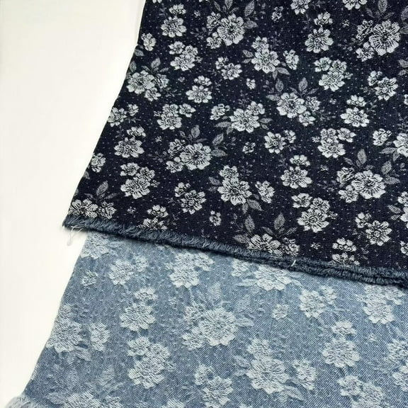10 oz 100% Cotton Denim Fabric - Jacquard Petal Design Stretch-Free Heavyweight Material for Sewing, 1-Yard Precut Apparel Craft Textile (36"x60")