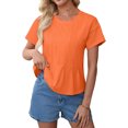 thumbnail image 3 of LWavelet Women's Pleated Blouse Short Sleeve Tops Round Neck Casual Loose Fit Summer Basic Tee Saffron L, 3 of 8
