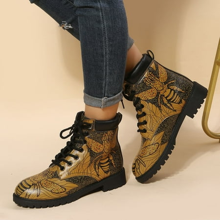 

PhoneSoap Women Shoes Color Printing Booties Square Heel Booties Casual Shoes Fashion Soft Sole Ladies Boots Shoes Non Slip Shoes Yellow