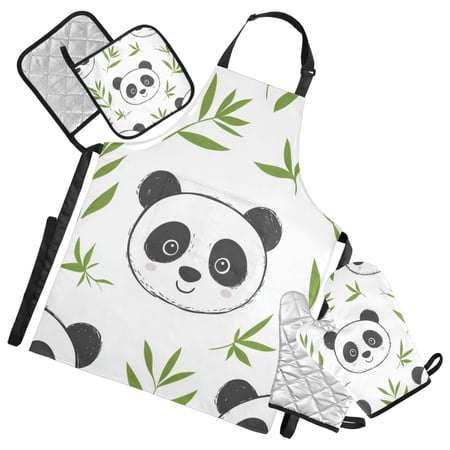 Cute Panda Faces Leaves Apron Set with Oven Mitts Pot Holders Set of 5 Kitchen Stuff Accessories