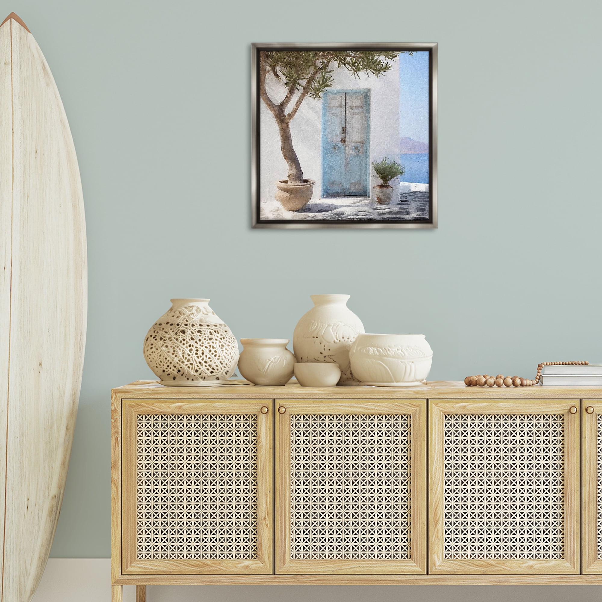 Stupell Industries Coastal Greek Door Town & City Painting Gray Floater Framed Canvas Art Print Wall Art, 25 x 25