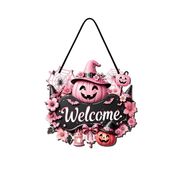 Welcome Door Sign Wooden Pink Halloween Decor for Front Door Porch Home Wall Hanging Halloween Party Decoration 1 Piece