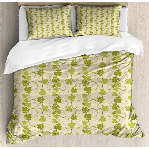 Vines Duvet Cover Set King Size, Repeating Abstract Grape Leaves Graphic in Green Tones, Decorative 3 Piece Bedding Set with 2 Pillow Shams, Pale Olive Green Pale Mustard and Khaki, by Ambesonne