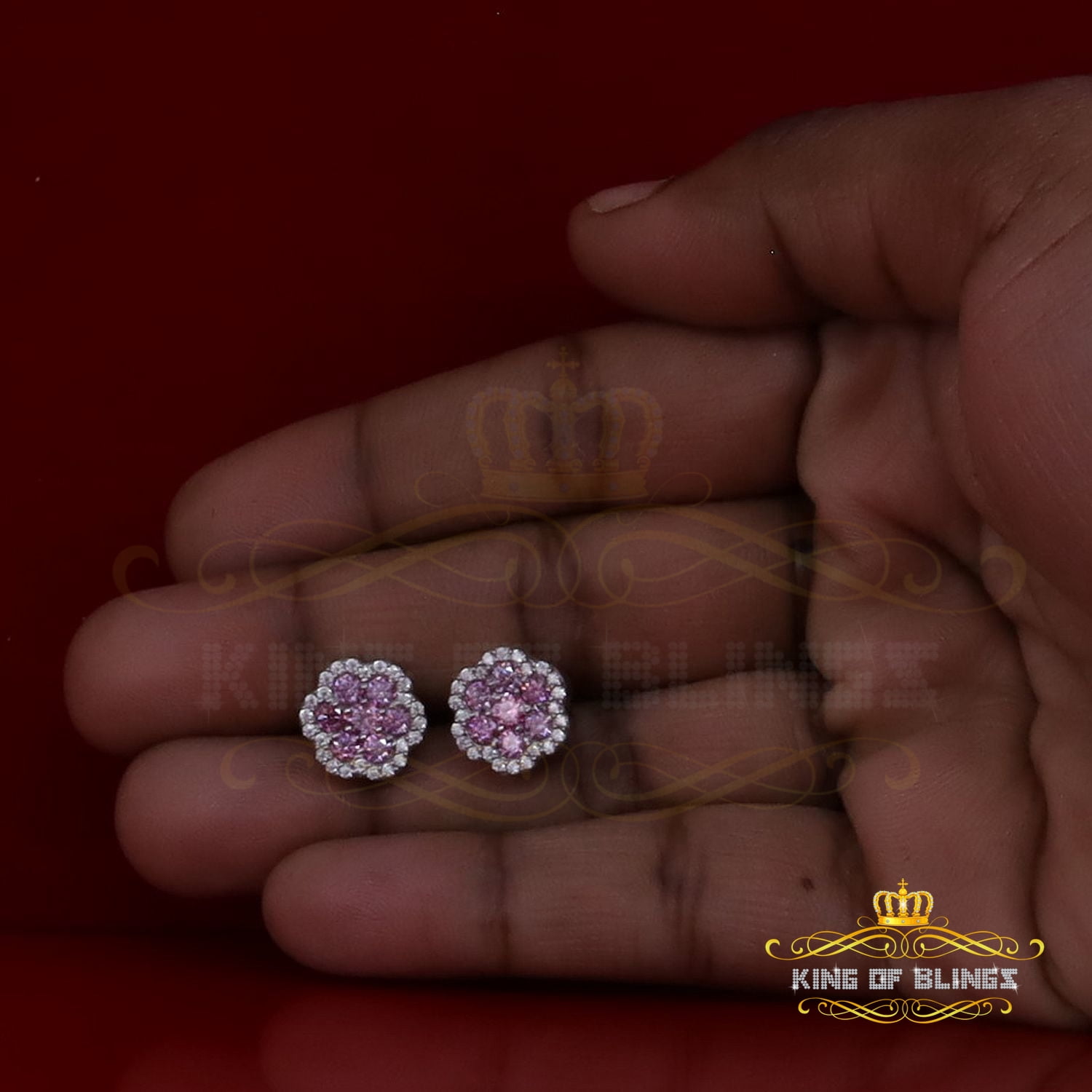 King of Bling's 925 Silver White 1.50ct VVS D Pink Moissanite Floral Men's/Women's Stud Earrings