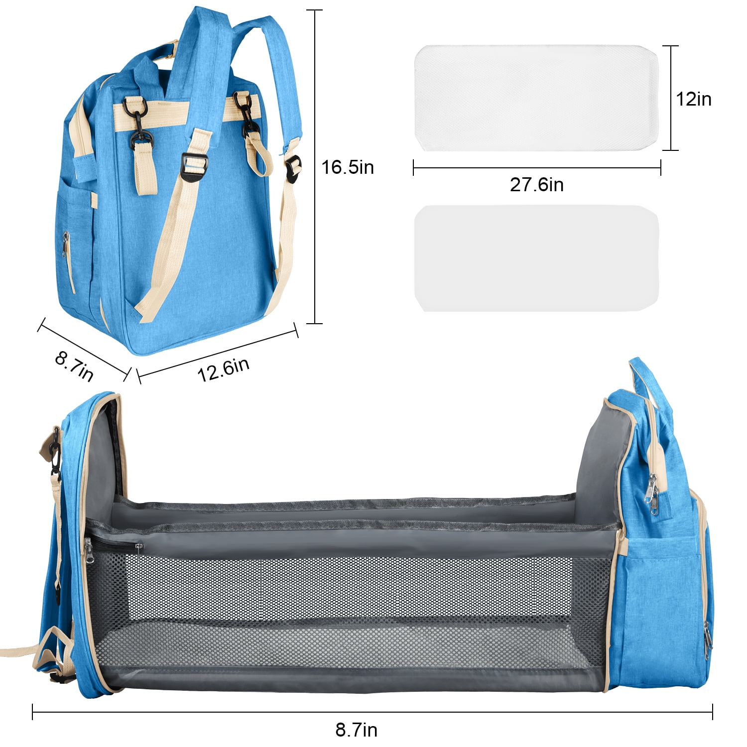 Diaper Bag Backpack,Multifunction Diaper Bag Backpack with Changing Station,Foldable Crib&Insulated Milk Bottle Pocket Large Capacity Baby Nappy Changing Bag Travel Backpack w/ Stroller Straps,Blue