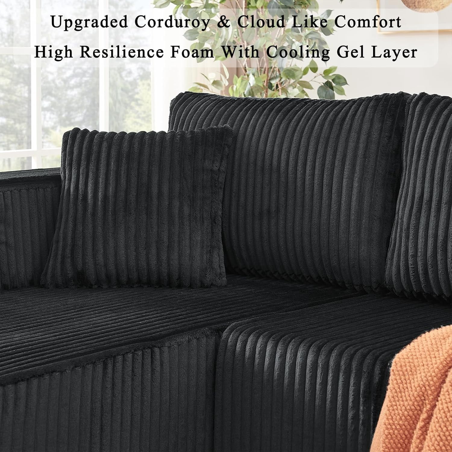 Howcool 132" Boneless Cloud Sectional Couches for Living Room, U Shaped Couch with Deep Seat Chaise, High Density Foam Compression Sofa, Modular Corduroy Sleeper Sofa Bed,No Assembly,Black