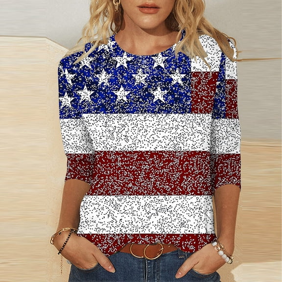 Xdegoge 4th Of July Tops for Women Patriotic Shirts USA American Flag Distressed Print Crewneck 3/4 Sleeve Casual Loose Fit Lightweight Summer Holiday Independence Day Graphic Tees