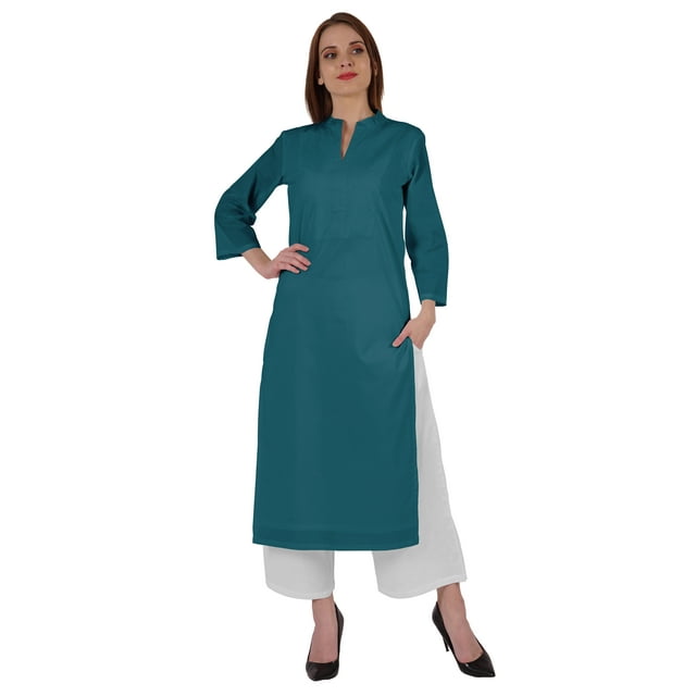 Bimba Kurta Droite Unie Ethnique Indienne pour Femmes à Col Mandarin avec Encolure Plissée en Coton
