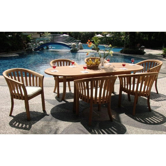 Teak Dining Set:6 Seater 7 Pc - 94" Double Extension Oval Table and 6 Lenong Arm / Captain Chairs Outdoor Patio Grade-A Teak Wood WholesaleTeak #WMDSLN1