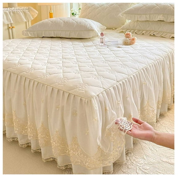 Ruffle Bed Skirt Bedspread, Soft Ruffle Bed Valance, Thicken Lace Edge Fitted Sheet Wrap-Around Dust Ruffle Mattress Cover