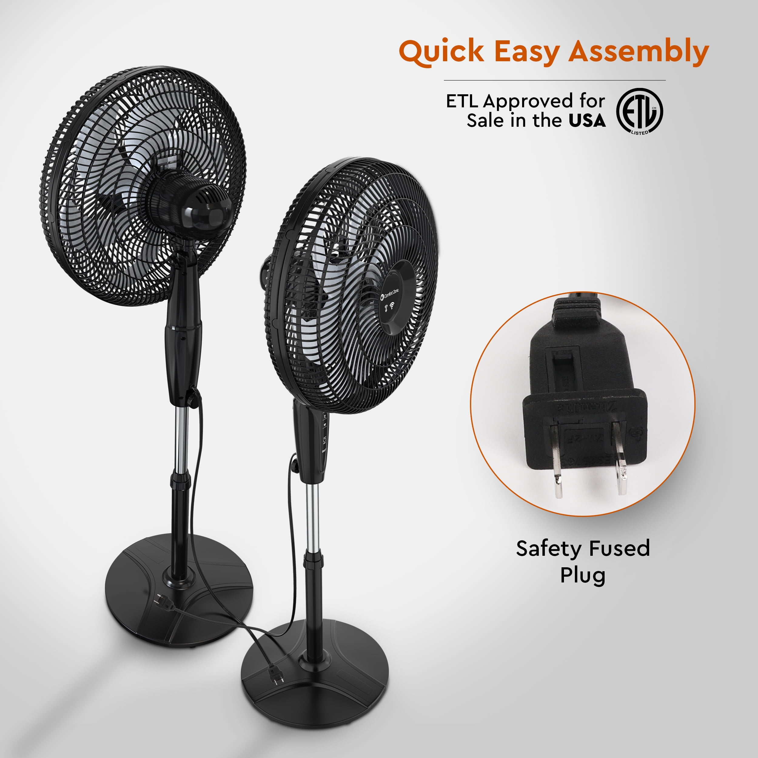 Comfort Zone 18 in. Oscillating Stand Fan, Adjustable Height, Tilt, Wi-Fi