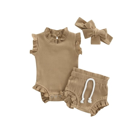 

Seyurigaoka Baby Sleeveless Romper + Shorts + Bow Headband Solid Color Elastic Waist Casual Style Summer Clothing
