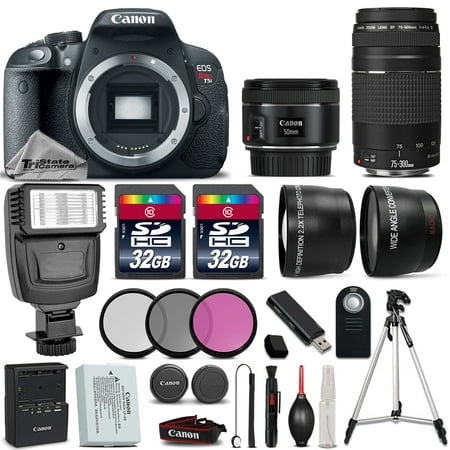 Canon EOS Rebel T5i 700D Camera + 50mm 1.8 STM Lens + 75-300mm + 64GB + Flash
