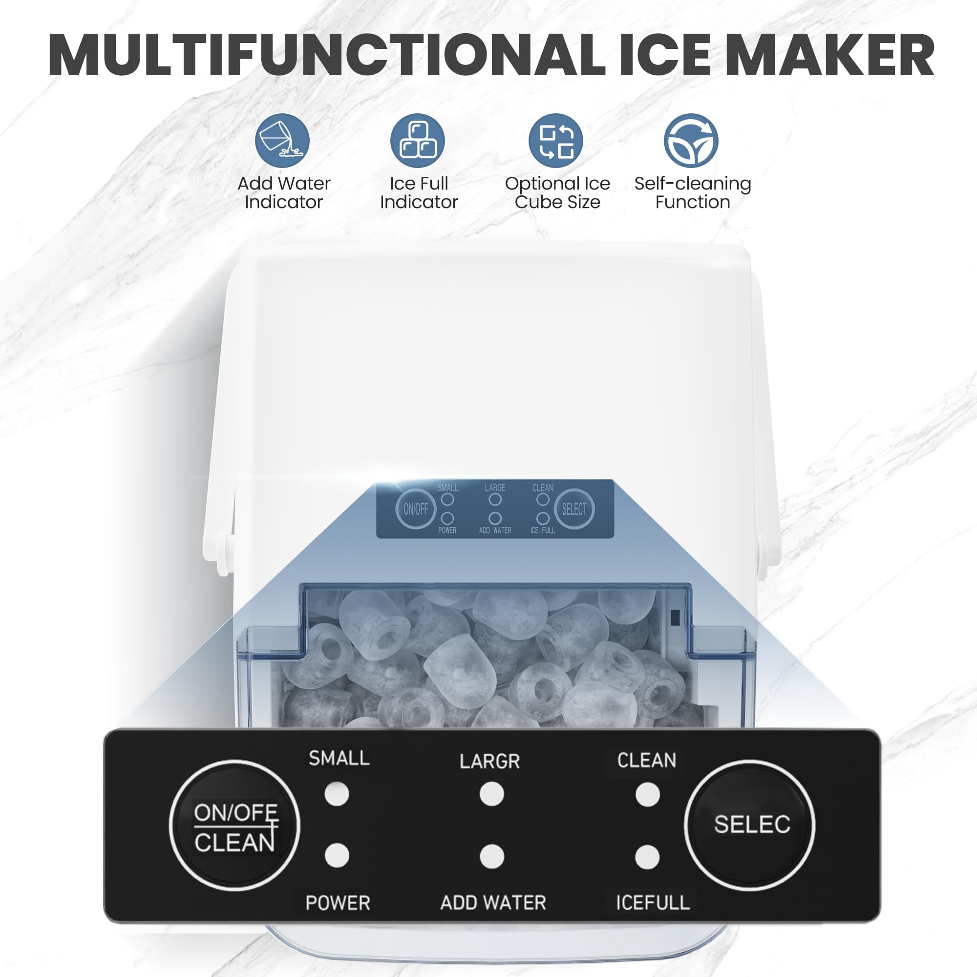 LIFERECORD Portable Ice Maker Countertop with Handle, 6 Mins for 9 Bullet Ice, 26lbs/24H, Self-Cleaning Compact Ice Machine for Home, Kitchen, Camping & Parties, White