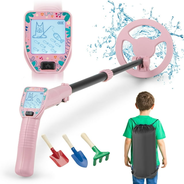 Gymax 24.5''-33.5'' Metal Detector for Kids with LCD Display IP68 Waterproof Pink