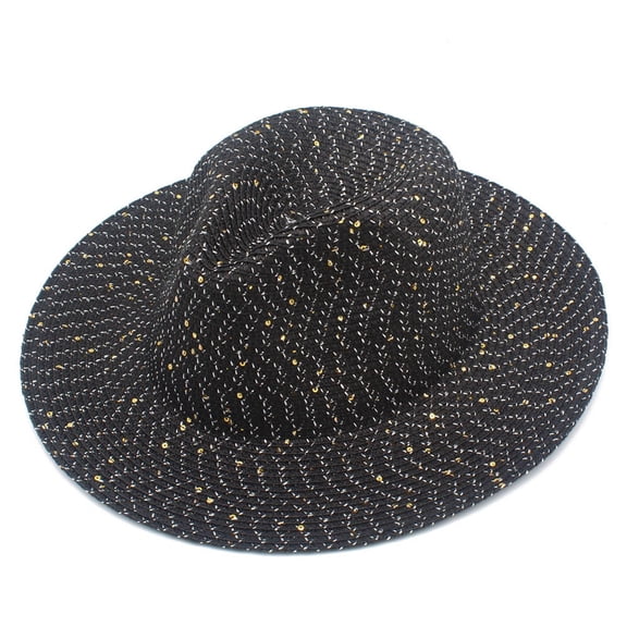 FUZHIQ Unisex Sequin Glitter Wide Brim Straw Fedora Hat, Breathable Woven Shiny Summer Sun Hat for Men Women Party Vacation Daily Outdoor Wear,One Size
