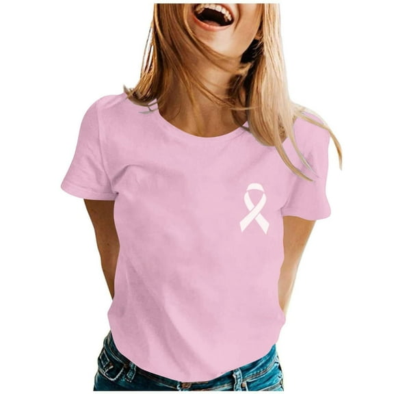 Cancer Shirt Women Cancer Awareness Pink Ribbon Cancer Awareness Shirts Inspirational Care Gifts Short Sleeve Tops (Pink, L)