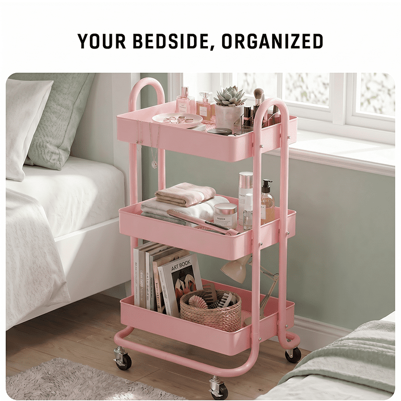 Fenbeli 3-Tier Metal Rolling Utility Cart with Wheels, pink, 18"L x 13.4"W x 31"H