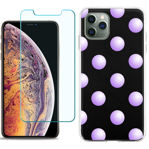 For Apple iPhone 11 PRO Case, Slim-Fit TPU Protective Phone Case (Pink Bezel) with Tempered Glass Screen Protector, by OneToughShield ® - Polka Dot / Purple