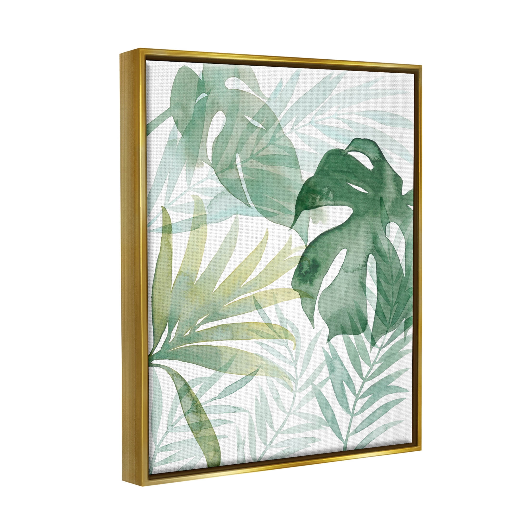Monstera Overlapping Leaf Sprigs Botanical & Floral Graphic Art Metallic Gold Framed Art Print Wall Art