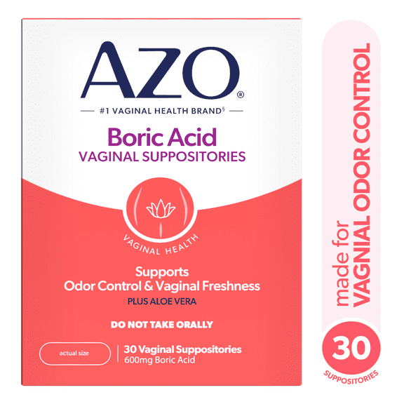 AZO Boric Acid Vaginal Suppositories with Aloe Vera, Supports Odor Control & Freshness Naturally, FSA/HSA Eligible, 30 Count