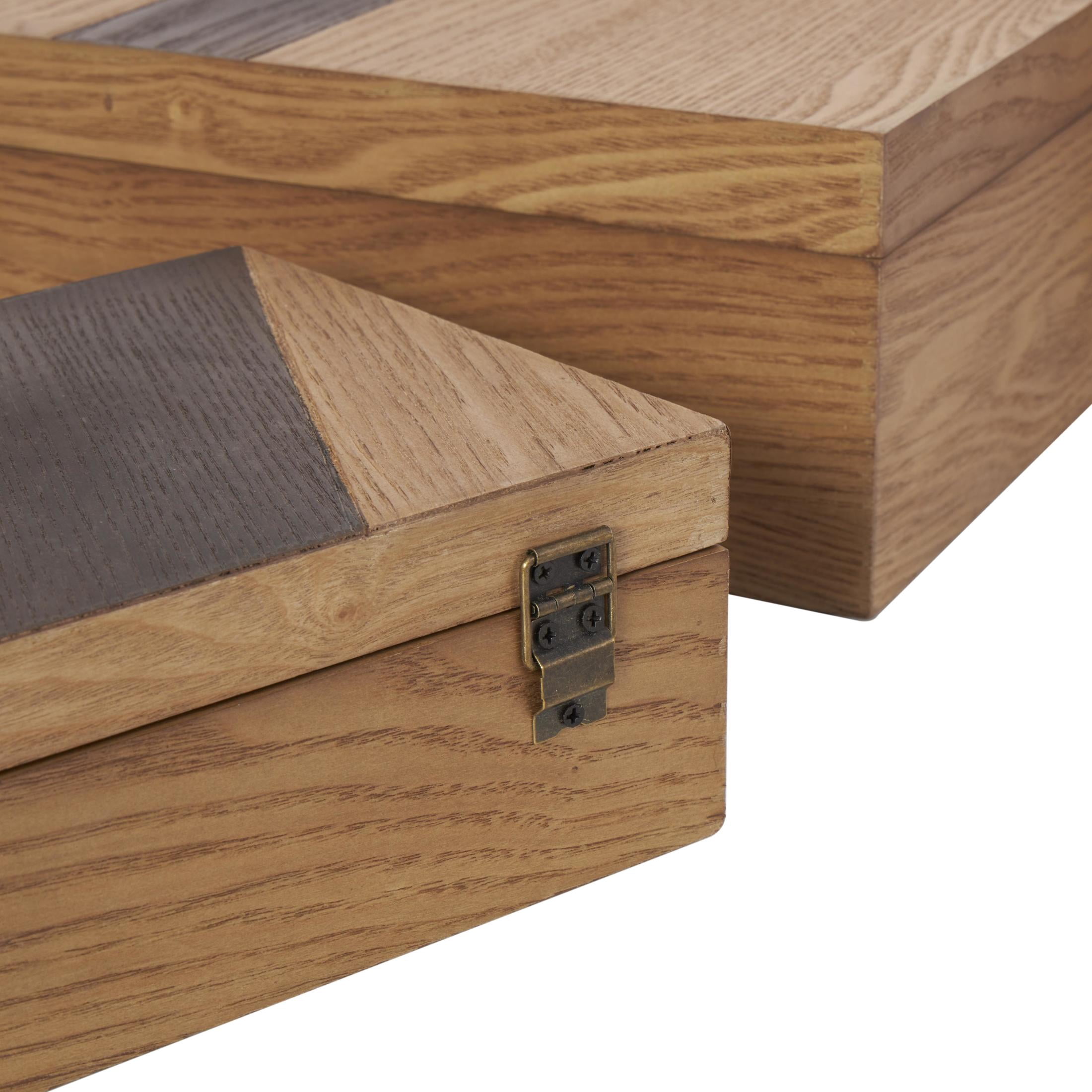 DecMode Geometric Brown Wooden Decorative Box with Cream and Dark Brown Stripes, 3 Count