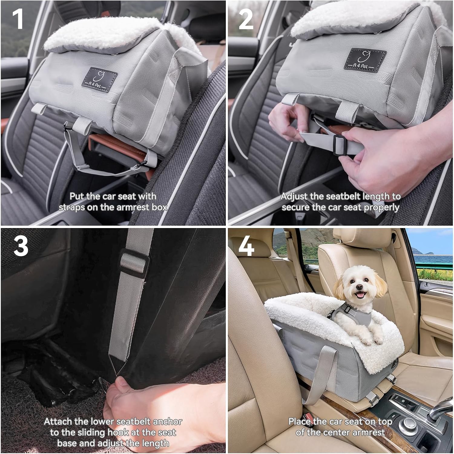 Center Console Dog Car  for Small Dogs Under 12 lbs – Secure Booster  with Safety Tether, Fits Most  & SUVs, Soft Washable Cushion, Portable  Ideal for Pet Travel