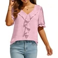 thumbnail image 3 of Womens Ruffle Dressy Blouses, Short Sleeve Shirts for Women Summer Business Casual Vintage Solid Color V Neck T-Shirts, 3 of 6