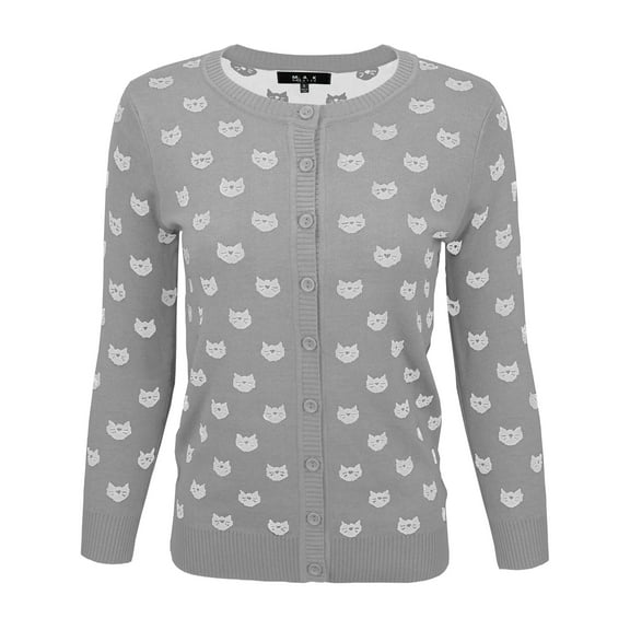 YEMAK Women's Cute Cat Pattern 3/4 Sleeve Button Down Stylish Cardigan Sweater MK3466-GRY/IVR-S