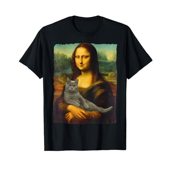 Funny Cat Art T-Shirt for Cat Lovers - Mona Lisa Inspired Gift for Cat Moms and Dads