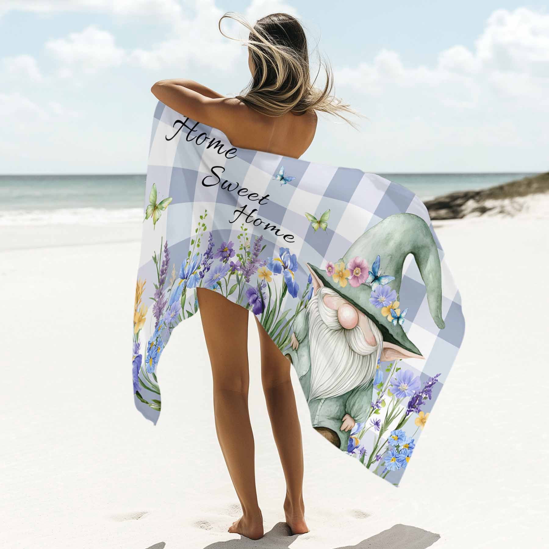 Home Sweet Home Gnome Beach Towels Blanket Soft&Absorbent Quick Dry Microfiber Purple Floral Plaid Pool Towels for Swimming ,Yoga, Sports, Gym, Camping,Large 30X60in,