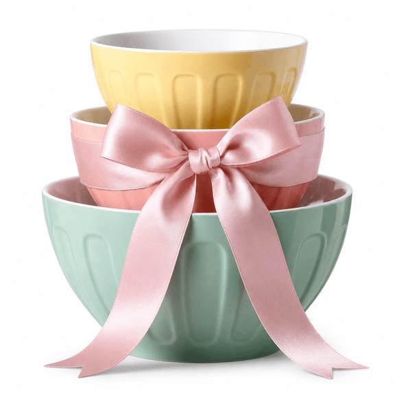 3-Piece Pastel Ceramic Nesting Mixing Bowl Set, Yellow Pink Green, 3.2/1.7/1.2 Qt