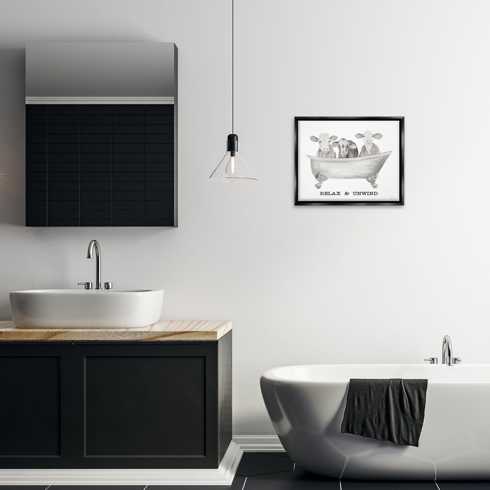 Stupell Industries Relax Unwind Cow Tub Bath & Laundry Painting Black Floater Framed Canvas Art Print Wall Art, 21 x 17