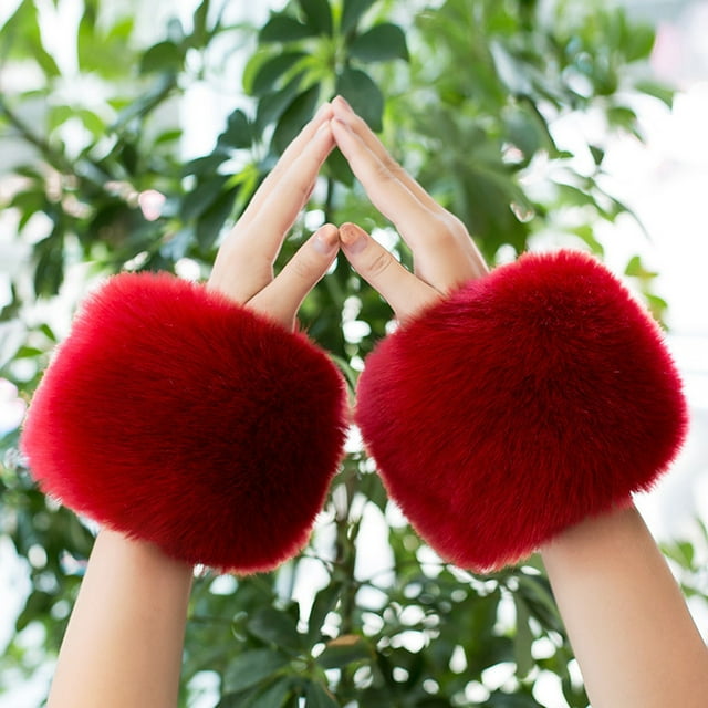 Mitaines Gants Rouges pour Femmes Manches Imitation Poignets d'Hiver avec Protecteurs de Poignets Épaissis comme des Peluches Chauds Coupe-Vent