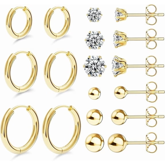 Knubmt 9 Pairs 14K Gold Plated Studs Earrings 316L Stainless Steel Hoop Earrings Round Ball Earring for Women Men, Gold