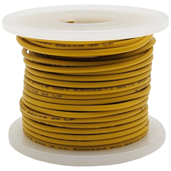 25 Feet Yellow 22 Gauge Solid Hook-Up Wire, Tinned Copper, PVC Insulation (Shade May Vary)