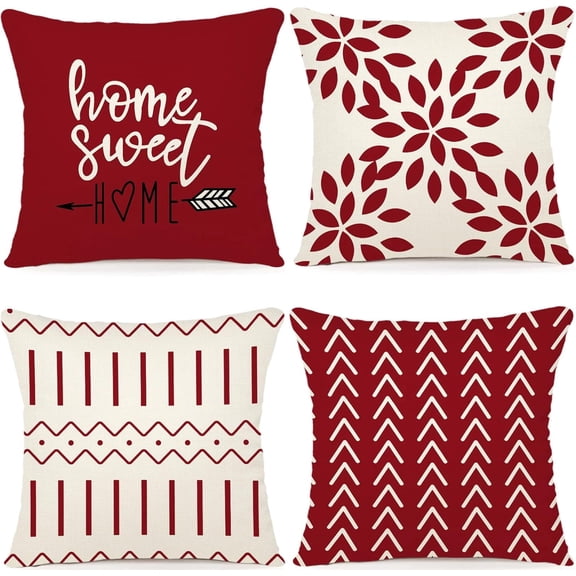 Christmas Pillow Covers 16x16 Set of 4, Modern Sofa Throw Pillow Cover for Christmas Decor, Decorative Outdoor Linen Fabric Pillow Case for Couch Bed Car, Red
