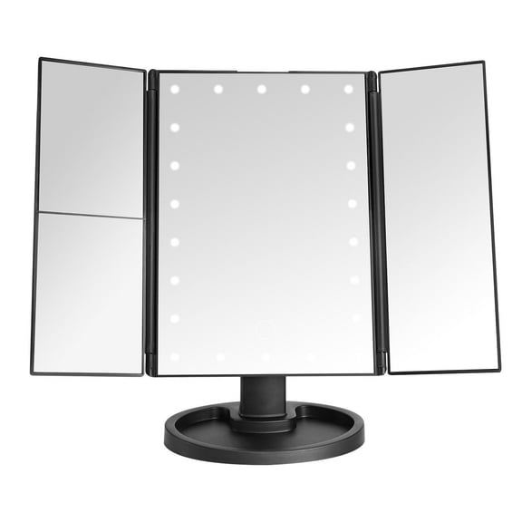 PUCACHI Trifold Makeup Mirror with LED Lights, 22 Bulbs 3x Magnification, Touch Control Dual Power for Desktop & Travel