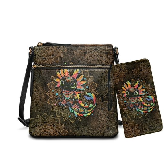 ZUXONGSY Boho Mandala Axolotl Print Women's PU Leather Hobo Bag & Matching Wallet Set, Multi-Pocket Crossbody Purse with Adjustable Strap for Travel & Work