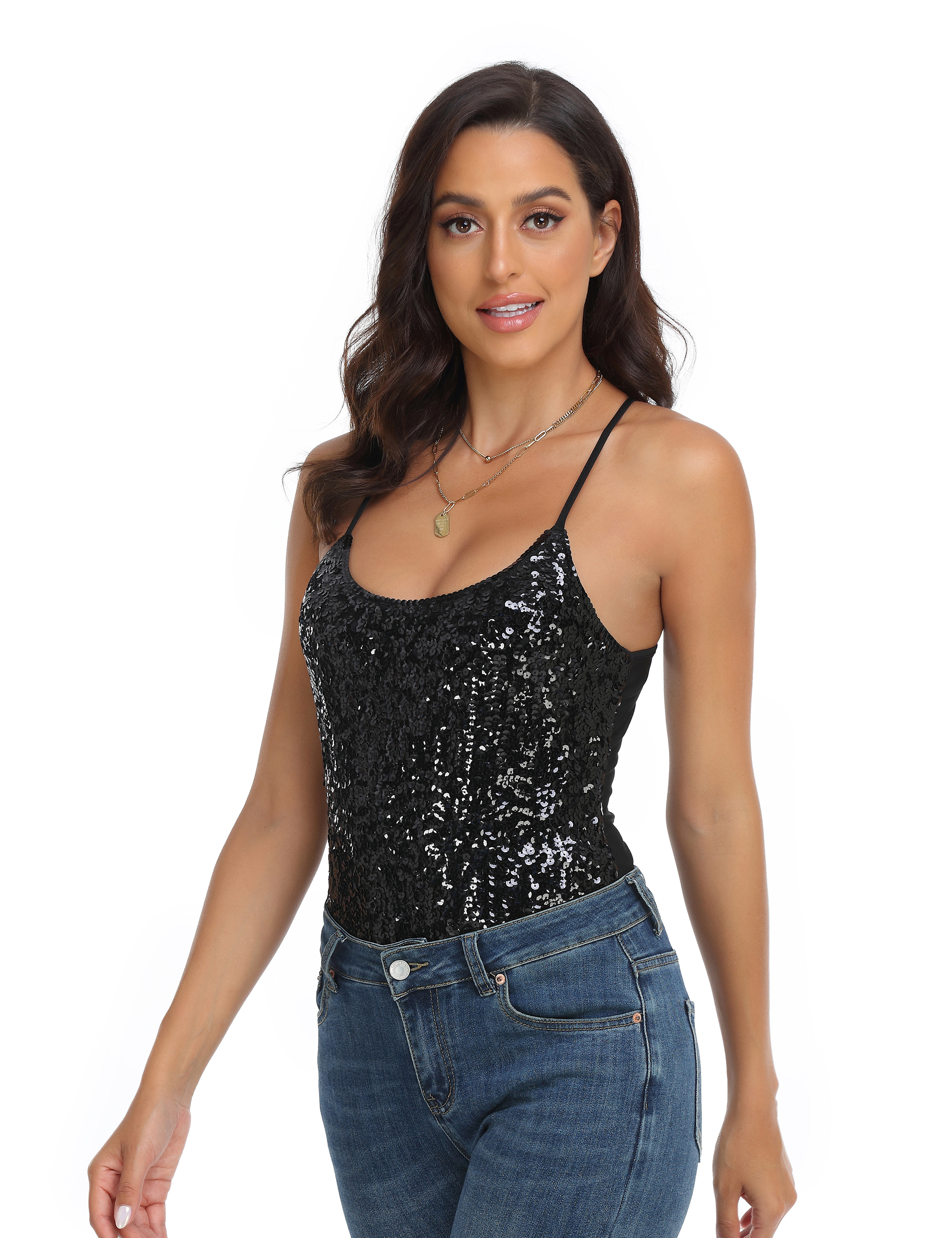 PrettyGuide Glitter Sequin Tops for Women Shimmer Sparkle Camisole Holiday  Party Tank Top Sexy Club Vest