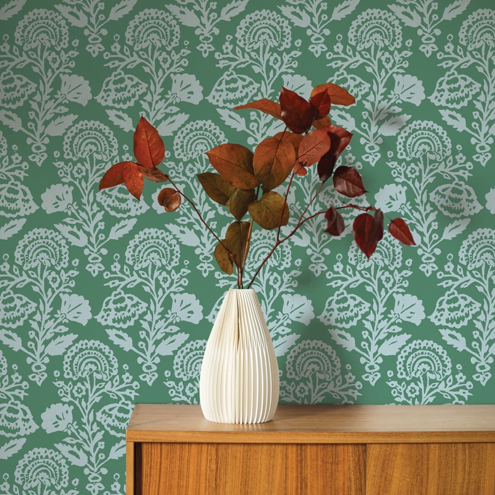 Tempaper Floral Damask Green Peel and Stick Wallpaper, 20.5" x 16.5'