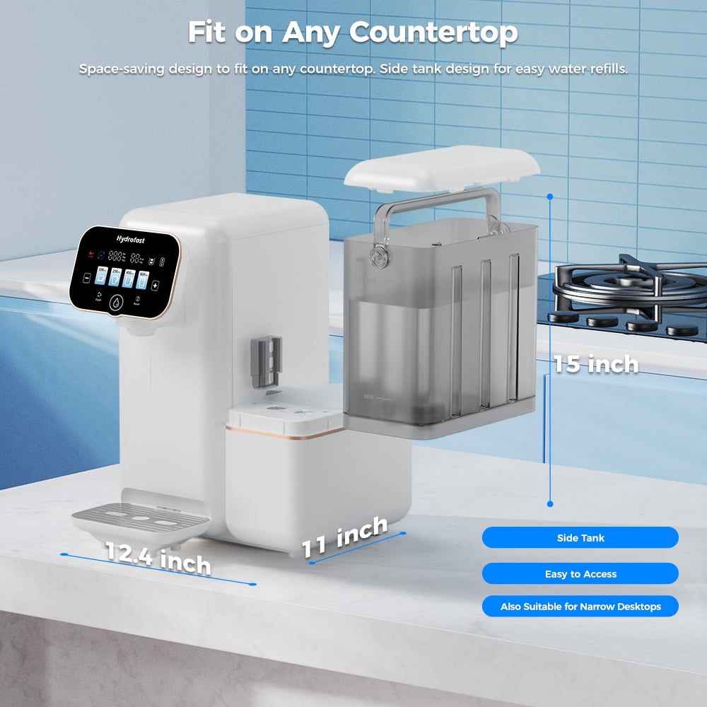 Hydrofast B100 Countertop Water Purifier, Room Temperature, 6-Stage Filtration, No Installation, Smart Touchscreen, Large Capacity Water Tank, 3:1 Pure to Drain Ratio, White