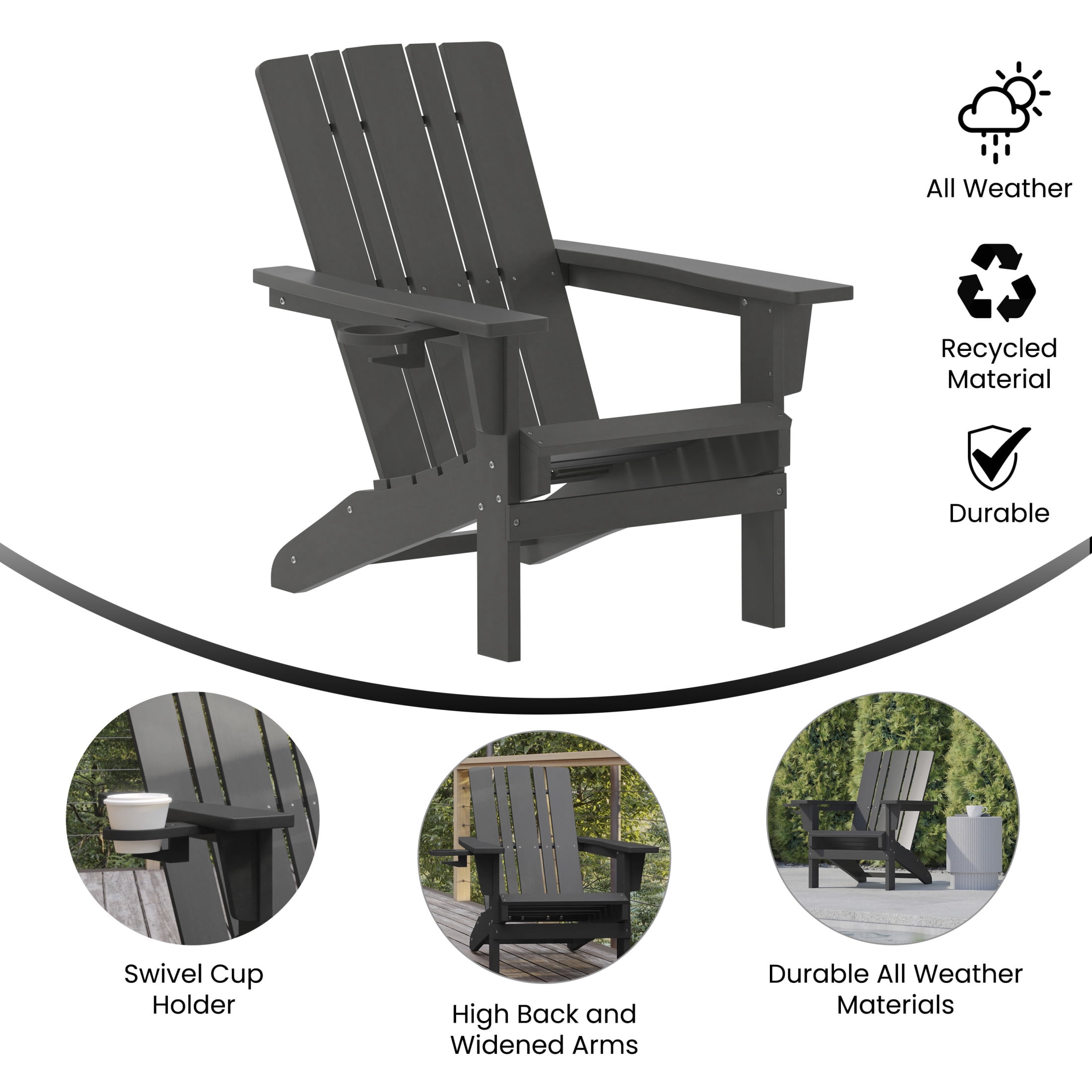 BizChair Adirondack Chair with Cup Holder, Weather Resistant HDPE Adirondack Chair in Gray