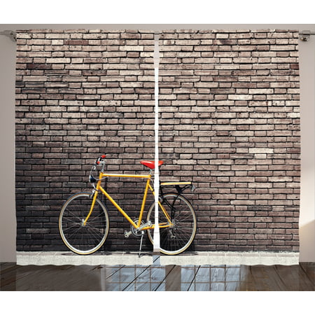 Vintage Curtains 2 Panels Set, Past Times Aesthetic Road Bike Lean to the Brick Wall Outdoor Daily Town Life Photo, Living Room Bedroom Decor, Grey Yellow Red, by