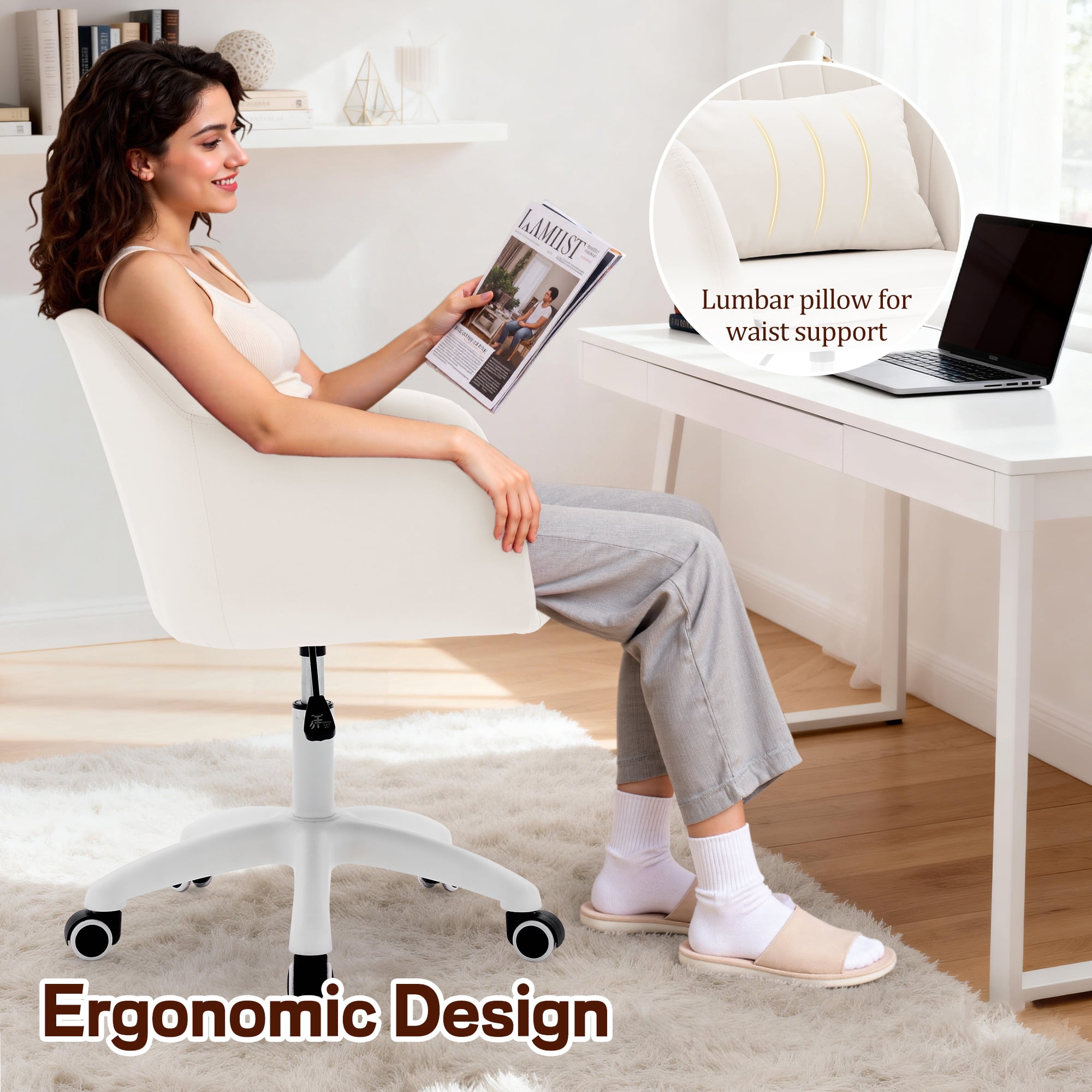 Korser Adjustable High Vanity Chair with Pillow Velvet Swivel Desk Chair with Wheels,Space-Saving Makeup Computer Chair,Home Office Desk Chair,Beige