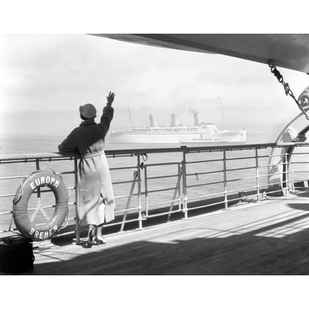 Vintage Cruise Ship - 1930s Back Of Woman At Rail Of Cruise Ship Ss Europa Poster Print By Vintage Collection