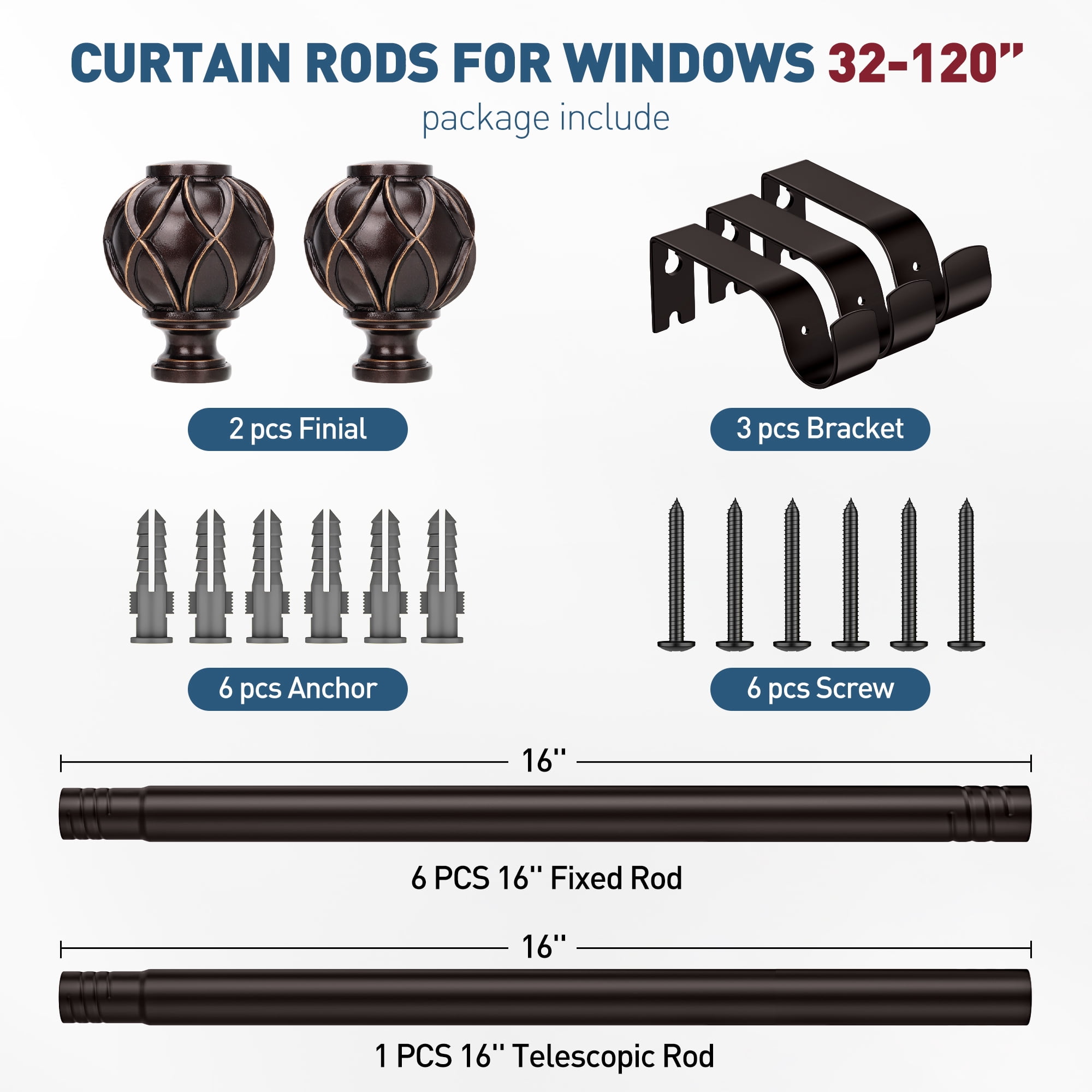 Bronze Curtain Rods for Windows 48 to 120 inches, Adjustable Length Curtain Rod with Metal Finials, 1 inch Diameter Heavy Duty Drapery Rod for Modern Decor Bedroom Kitchen Living Room