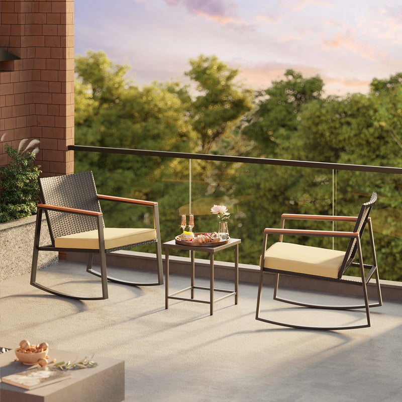 3 PCS Wicker Patio Set, Wicker Rattan Chairs and Tempered Glass Table, for Porch, Balcony, Backyard- Includes Beige Cushions