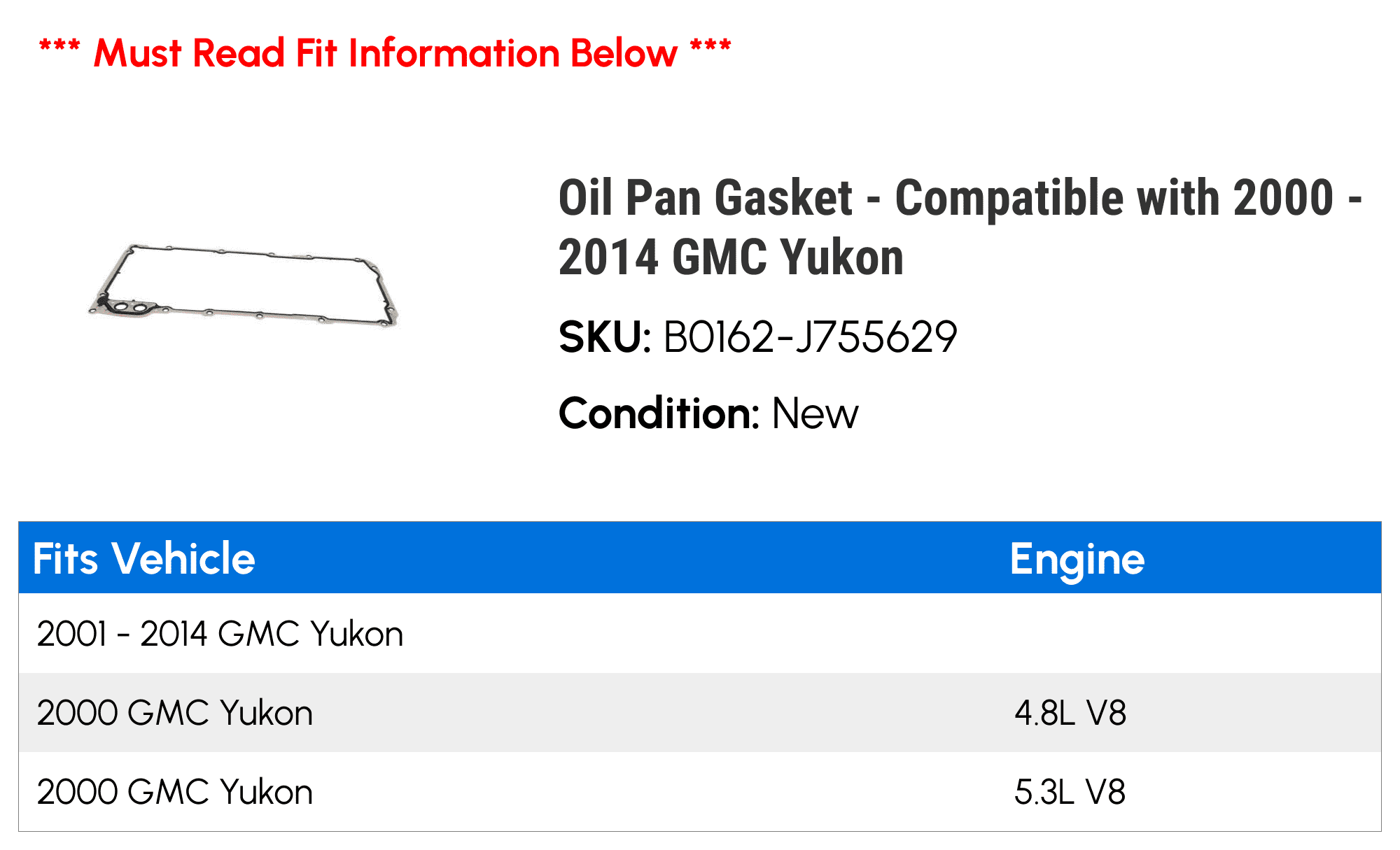 Oil Pan Gasket - Compatible with 2000 - 2014 GMC Yukon 2001 2002 2003 2004 2005 2006 2007 2008 2009 2010 2011 2012 2013